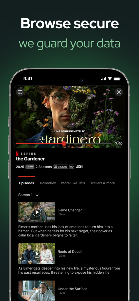 Private VPN - Web Protection - ストリーミングサービスインターフェイスを表示するスマートフォン画面。安全なブラウジングとデータ保護に関する見出しがあります。