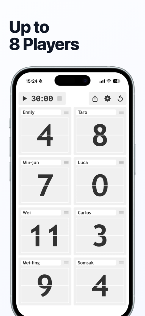 Scoreboard: Score Any Game - Digital scoreboard interface displaying scores for eight players and a countdown timer
