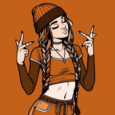 realistic teenage girl with braids and a beanie and crop top doing 🫶🏼