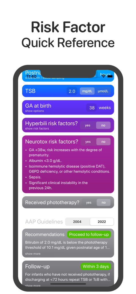 Bilirubin: Bilitool Bili Tool - Bilitool app interface showing neonatal jaundice risk factors and AAP guidelines recommendations