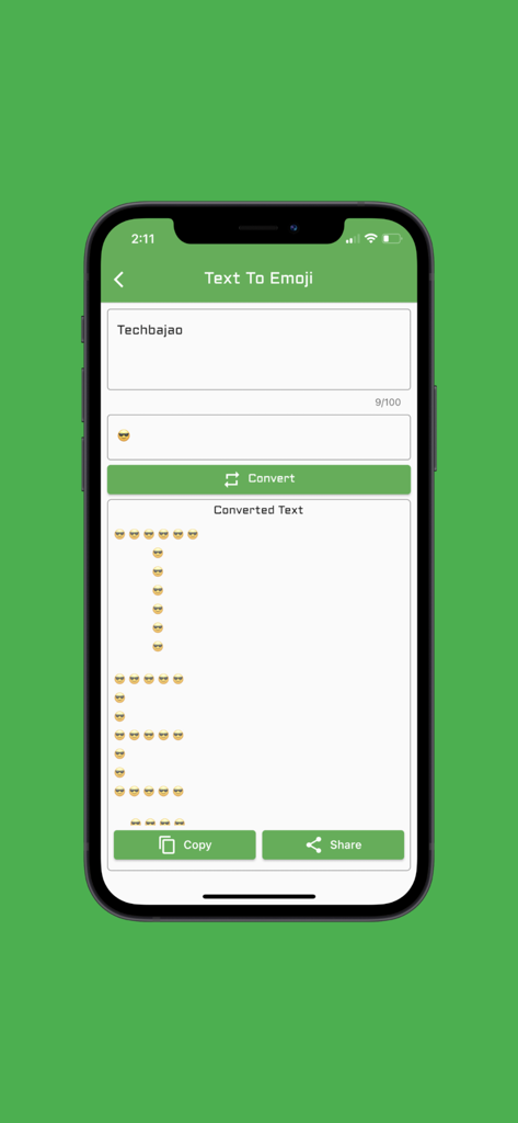 ToolKit(Pro) - Una pantalla de smartphone que muestra la función Texto a Emoji en ToolKit Pro que transforma palabras escritas en arte emoji para mensajería en redes sociales.