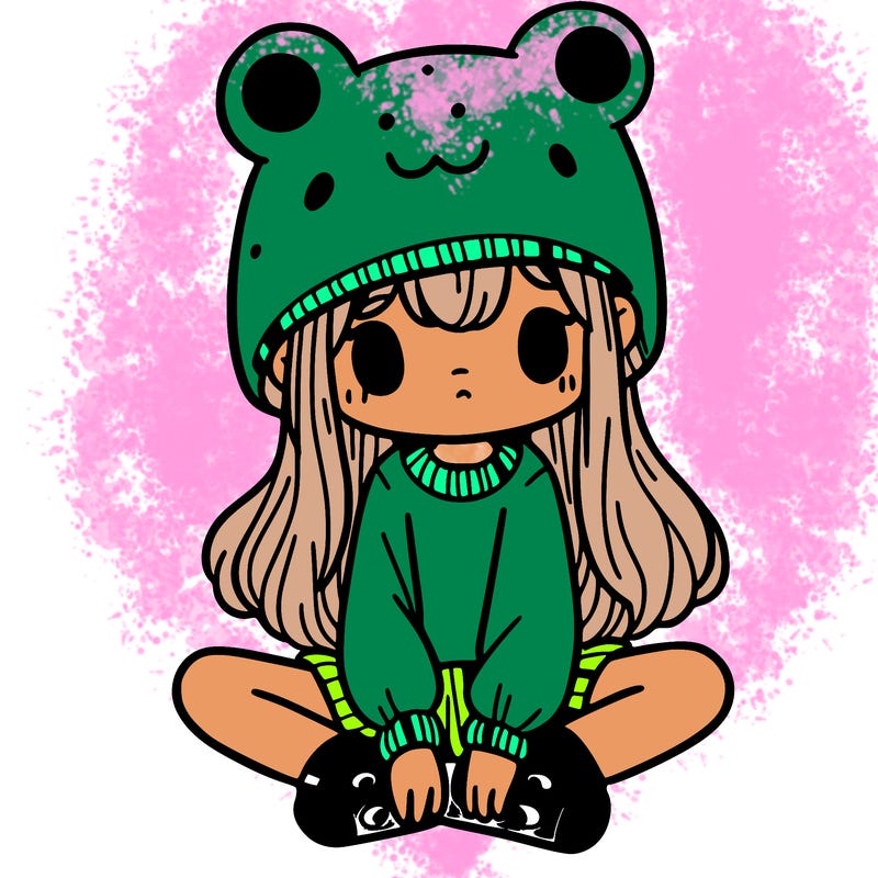 a girl wearing a frog hat and some frog socks