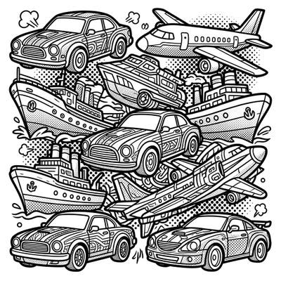 Experience the vibrant energy of Pop Art through this intricate adult coloring page, showcasing a dynamic collection of vehicles from cars to planes and ships. Each design is packed with detailed patterns, offering a fun and mindful artistic challenge.