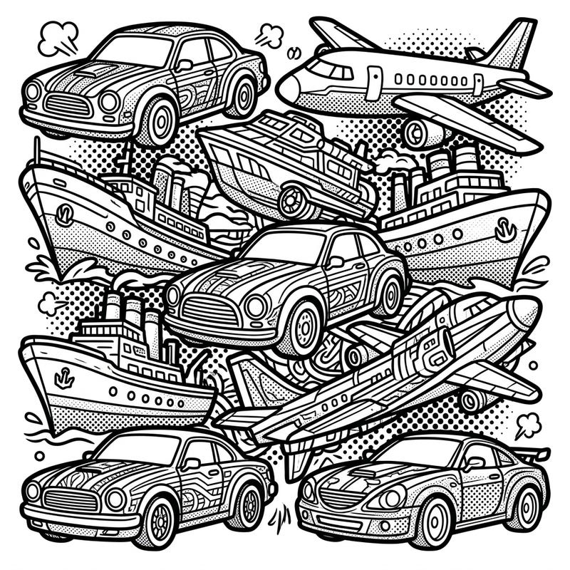 Experience the vibrant energy of Pop Art through this intricate adult coloring page, showcasing a dynamic collection of vehicles from cars to planes and ships. Each design is packed with detailed patterns, offering a fun and mindful artistic challenge.