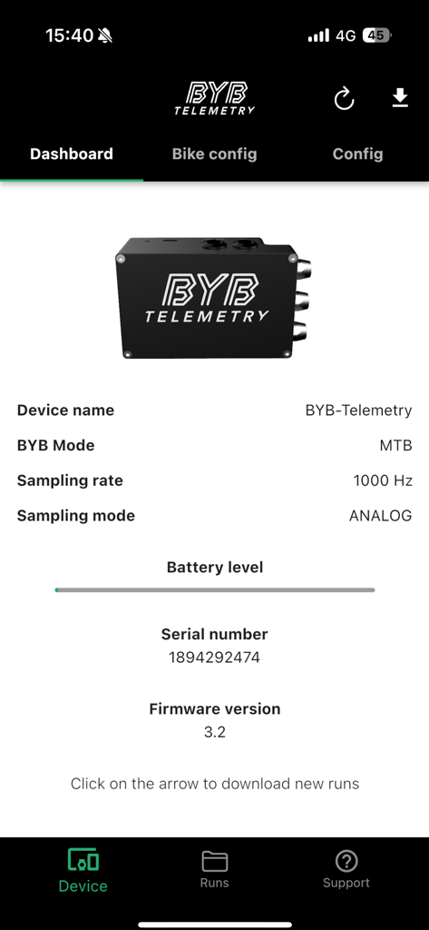 BYB Telemetry - BYB Telemetry app dashboard showing device status and mountain bike mode settings