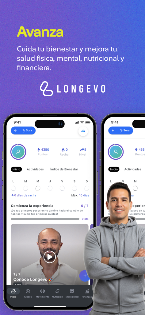 Seguros SURA - Interface Longevo do aplicativo Seguros SURA exibindo pontos de saúde e rastreamento de bem-estar para saúde física e mental
