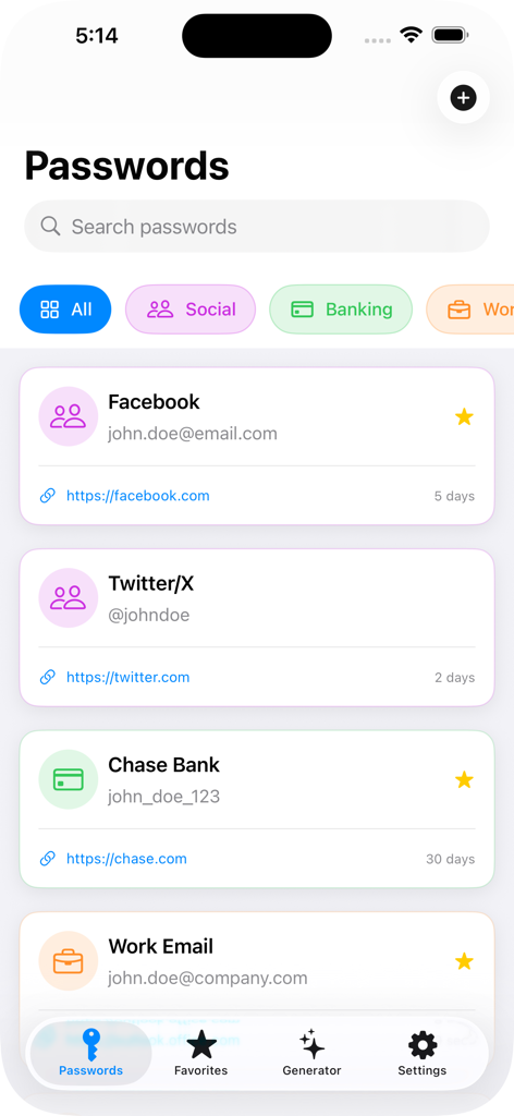 Main dashboard of PassVault showing categorized password entries for Facebook, Twitter, and Chase Bank with search and navigation bar.