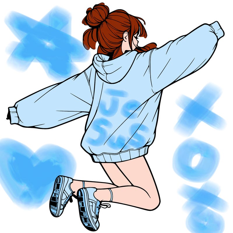 realistic girl jumping with a bun and oversized sweatshirt
