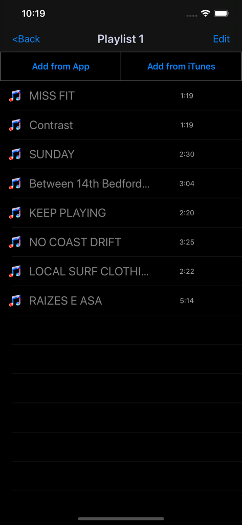Video 2 Music  Audio Converter - Custom playlist screen showing a list of converted audio tracks with options to add music from the app or iTunes library