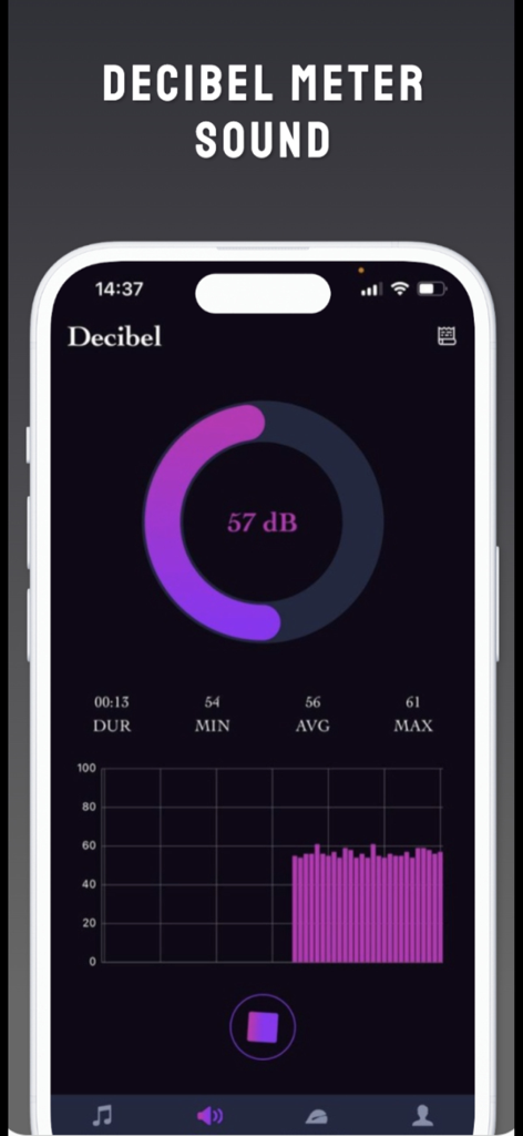 eMus-App-Oberfläche mit einem Dezibelmeter mit einer lila Anzeige und einem Frequenzdiagramm zur Messung von Umgebungsgeräuschen