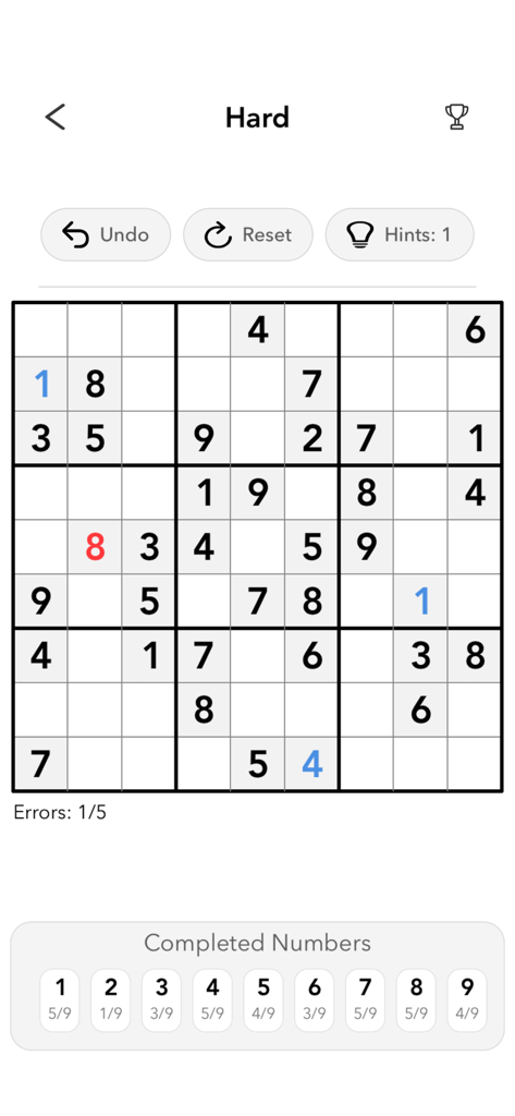 Soku - Sudoku Classic - Soku Sudoku Classic gameplay showing a hard level puzzle grid with number completion tracking