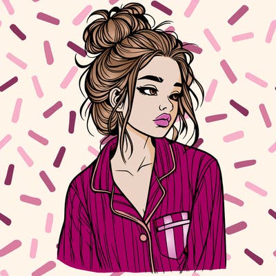 realistic woman with pajamas on and a messy bun