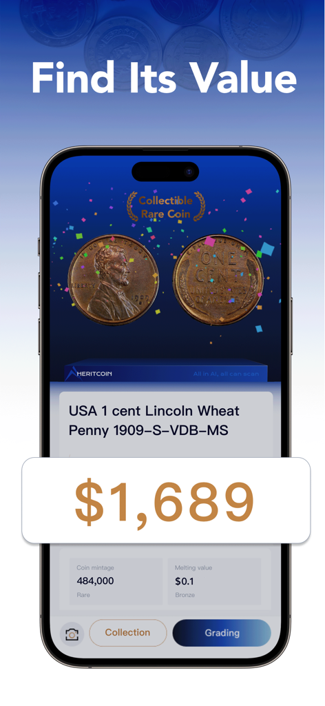 Mobile app screen displaying the high market value of a rare Lincoln wheat penny identified by AI