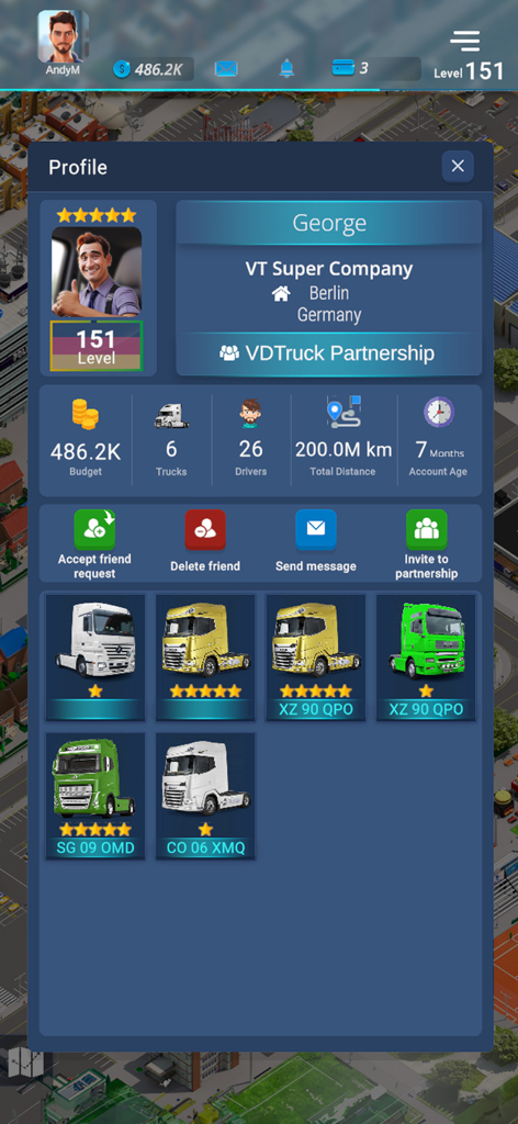 Virtual Truck Manager 3 - A player profile dashboard in Virtual Truck Manager 3 showing level 151, budget, truck fleet, and driver statistics.