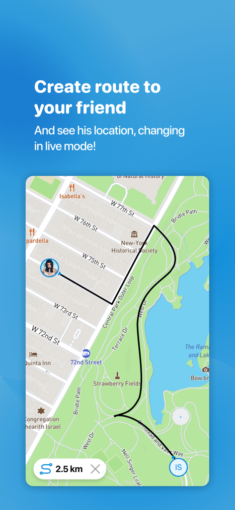 도시 지도에서 친구의 실시간 위치 추적과 라이브 경로를 보여주는 DarknessBot 앱 인터페이스.