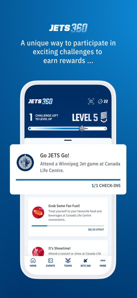 Bildschirm des Jets 360-Treueprogramms der Winnipeg Jets App mit Benutzerstufe und Fan-Herausforderungen