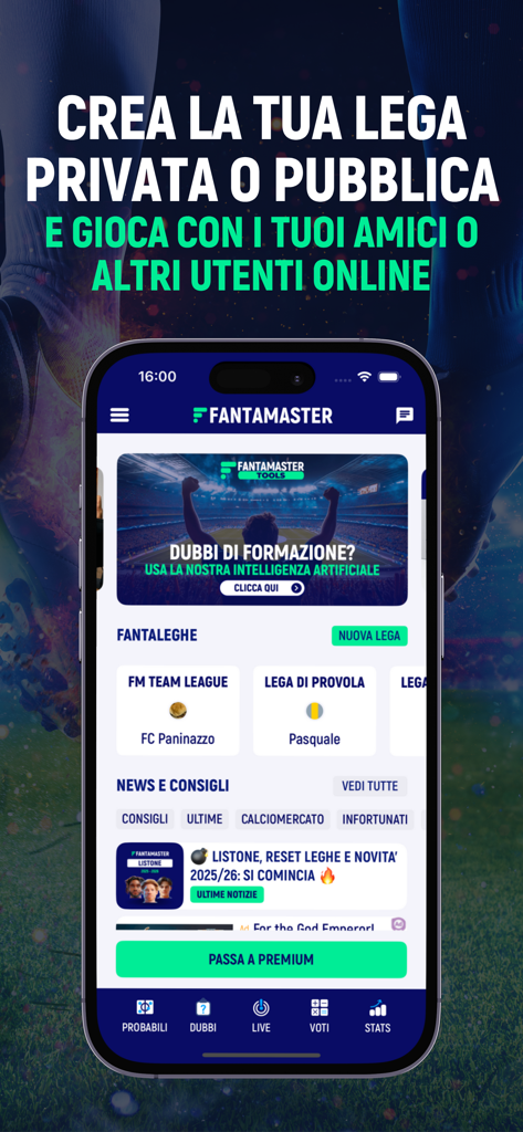 Mobile app interface of FantaMaster showing options to create private or public fantasy soccer leagues and view news and stats.