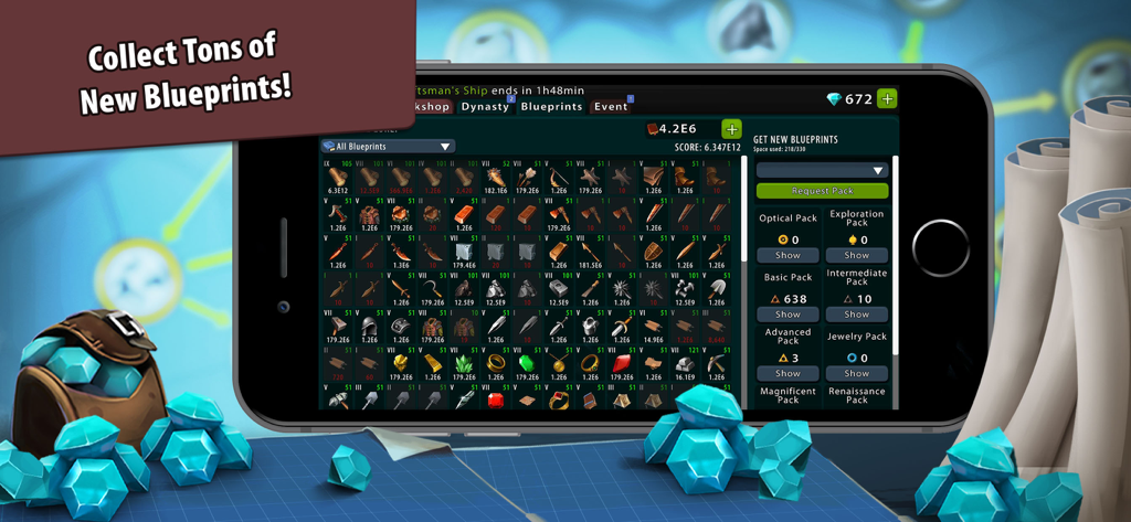 Crafting Idle Clicker - A smartphone showing the blueprints inventory screen with many craftable items and a shop menu for new blueprint packs.