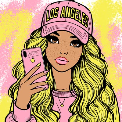realistic beautiful girl wearing los ángeles cap holding an iphone