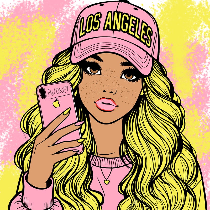 realistic beautiful girl wearing los ángeles cap holding an iphone