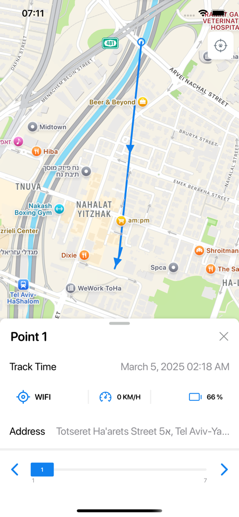 Trackimo + - Trackimo plus app interface showing travel history and location point details on a map