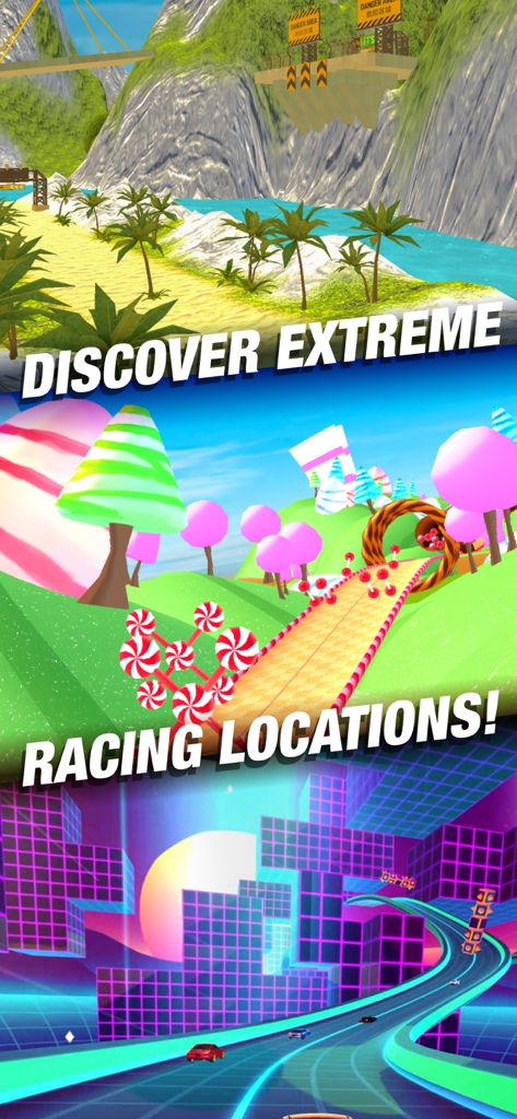 Showcase of different racing environments in Race Master 3D including beach candy world and neon city tracks