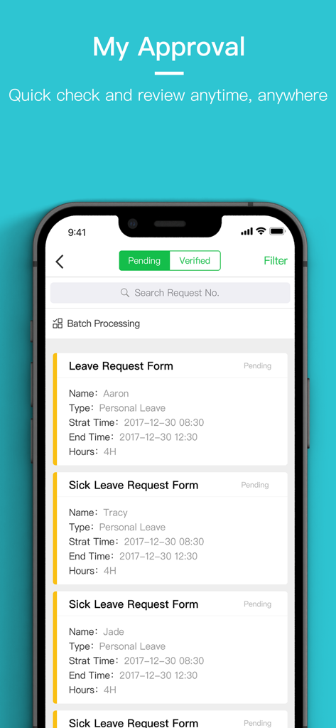 Manager view of pending leave and sick leave requests in the GaiaWorks app