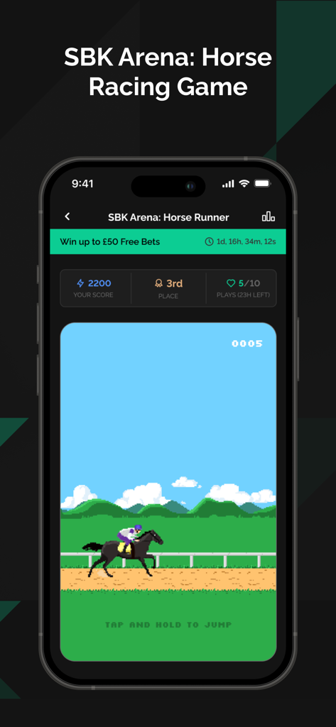 ピクセルアートグラフィックスのSBKアリーナホースランナーミニゲーム画面。