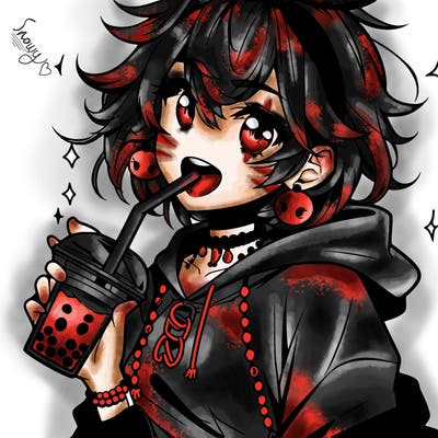 hot baddie anime girl drinking boba and biting the straw