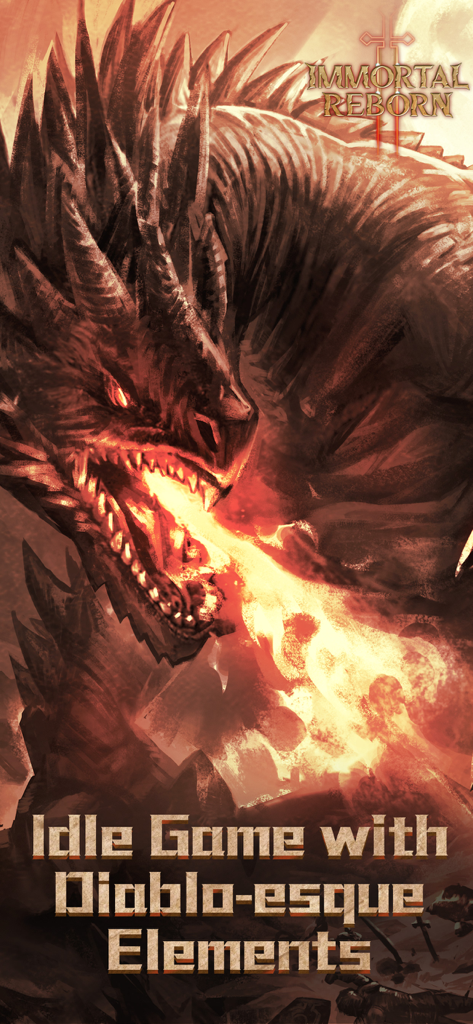 Ilustración de un dragón que escupe fuego para Immortal: Reborn, un juego inactivo con elementos similares a Diablo.