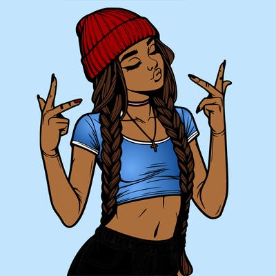 realistic teenage girl with braids and a beanie and crop top doing 🫶🏼