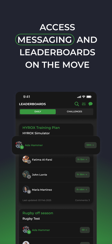 A screenshot of the FITR Client App showing a leaderboard for a HYROX training plan with user rankings and messaging options.