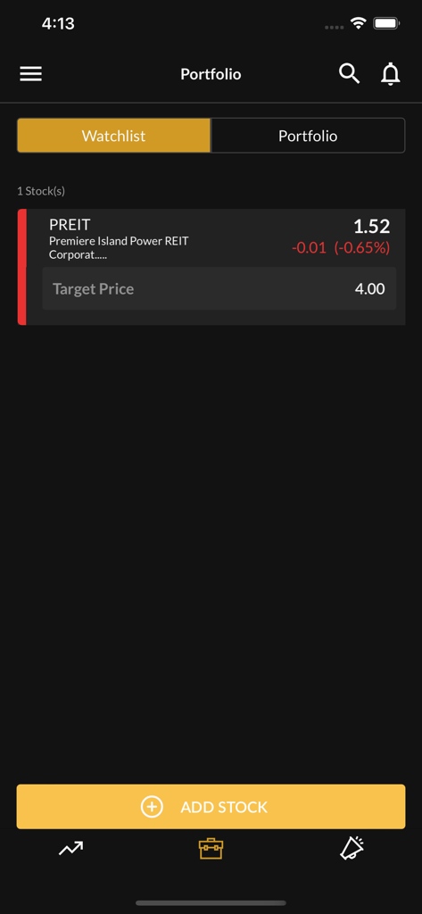 PSE EQUIPアプリのインターフェースに、フィリピン市場証券の追跡のためのパーソナライズされた株価ウォッチリストセクションが表示されています