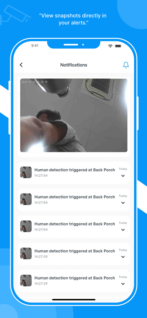 My Watchman™ Cam - 人間検知イベントのスナップショットを含むホームセキュリティ通知を表示するモバイルアプリのインターフェース。
