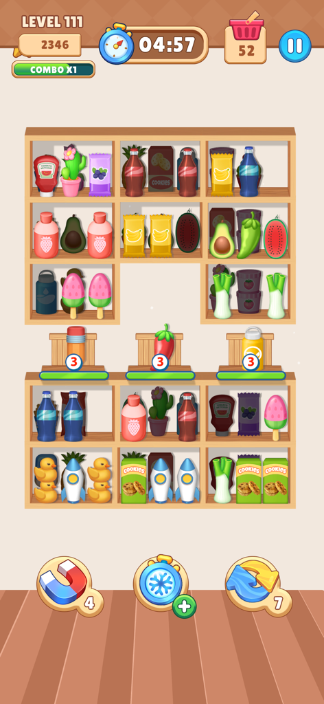 Gameplay screen of Match Goods Sorting Challenge showing various grocery and household items on shelves for a triple matching puzzle