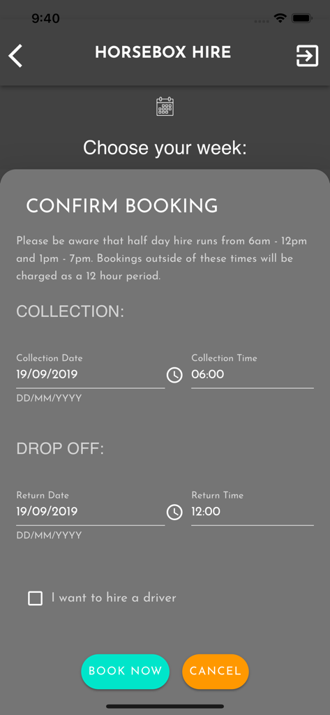 EC Pro (UK) - Interface of the EC Pro app showing the horsebox hire booking confirmation screen with collection and drop off details