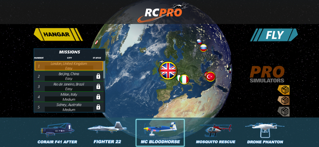 RC Flight Simulator Pro mission menu showing global locations and aircraft selection hangar.