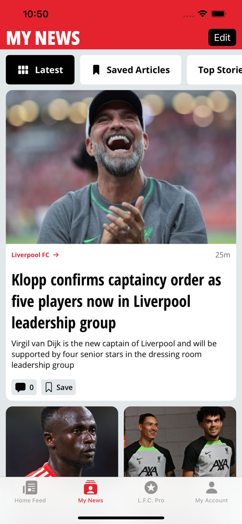 Pantalla 'Mis Noticias' de la aplicación LFC Echo mostrando un artículo principal sobre Jürgen Klopp y las actualizaciones del equipo directivo del Liverpool FC.