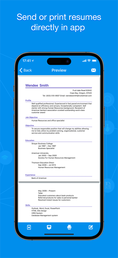 Quick Resume Pro - A preview of a professional resume within the Quick Resume Pro mobile app on an iPhone