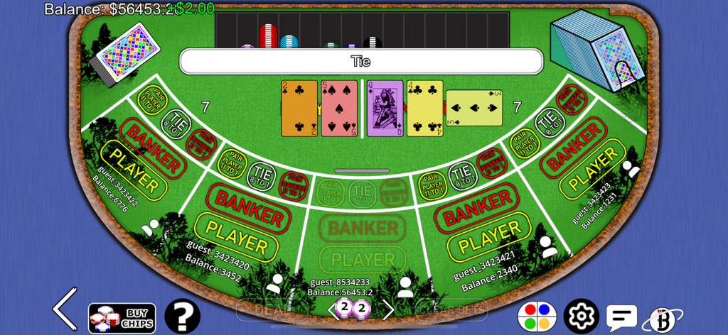 Une table de Baccarat numérique montrant une session de jeu multijoueur en direct avec des cartes et des paris des joueurs.