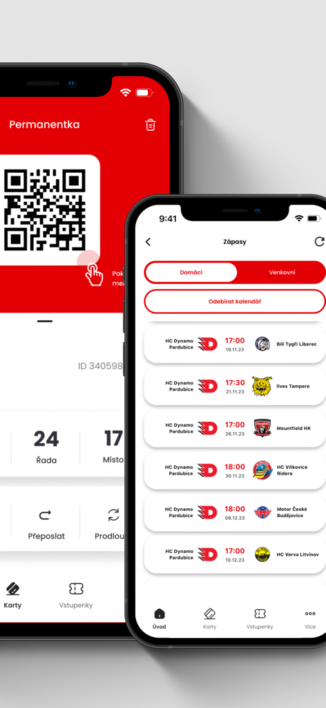 HC Dynamo - HC Dynamoモバイルアプリ画面。デジタルシーズンチケットQRコードと今後のホッケー試合のスケジュールが表示されています。