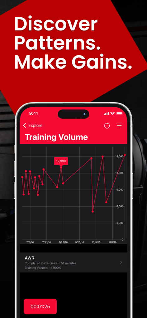 FitNotes app interface displaying a training volume line graph for tracking gym progress
