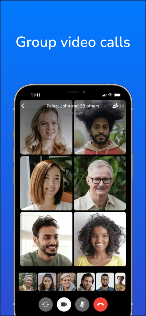 Link Messenger stories, calls - Interface of a group video call on Link Messenger showing a grid of multiple participants and call controls.