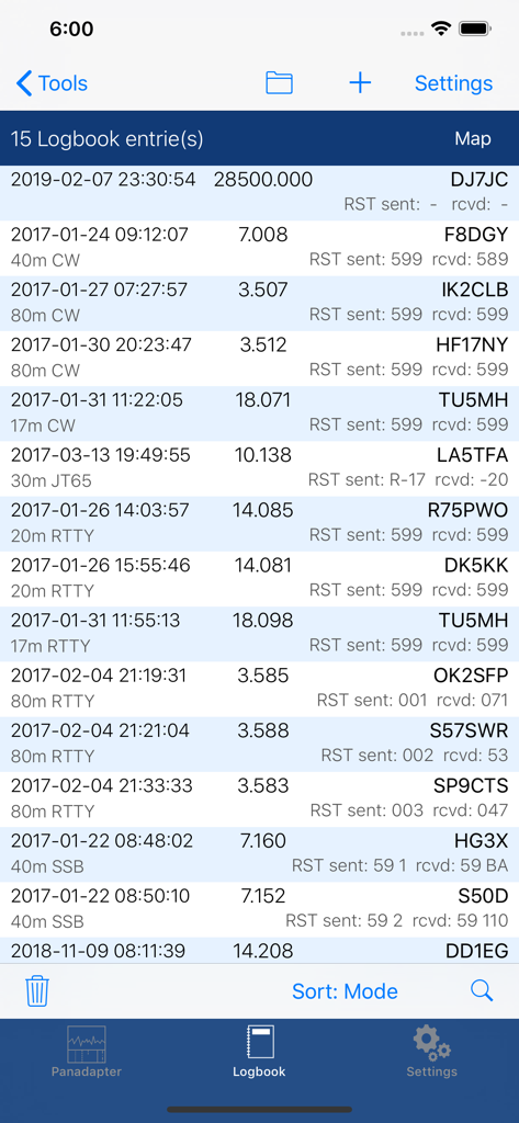 Digital logbook screen displaying amateur radio contact entries with call signs and frequencies