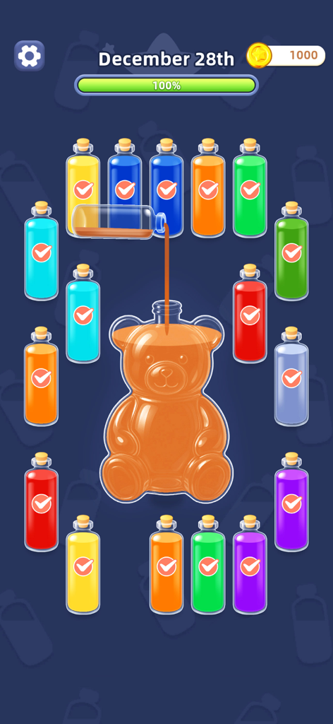 Water Jam Sort - Match Puzzle - Una botella con forma de oso llenándose de líquido naranja en un juego de puzzle de clasificación por colores