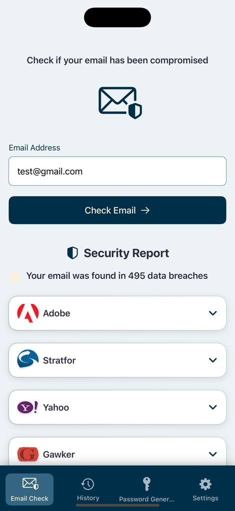 Leak Lock app interface displaying security report of data breaches for an email address