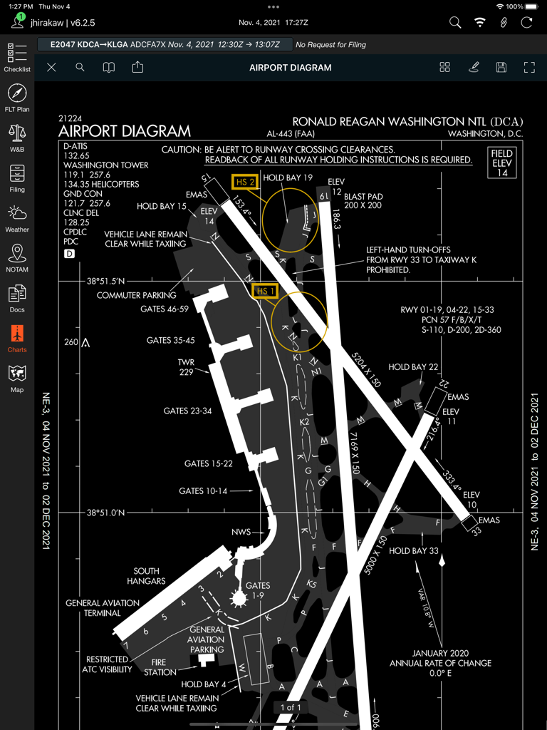 ARINCDirect app displaying a detailed airport diagram for Ronald Reagan Washington National Airport on an iPad.