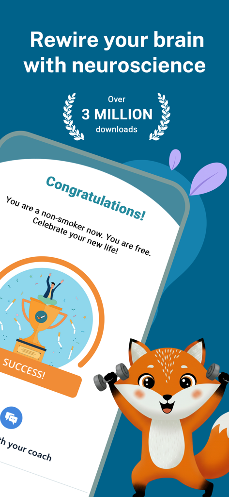 QuitSure app screen showing a neuroscience approach to quit smoking with a fox mascot celebrating three million downloads