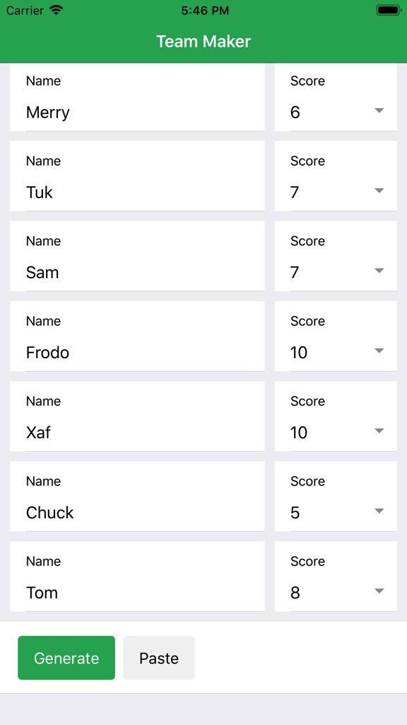 Interface of the Team Maker app showing a list of players with their skill scores for balanced team generation