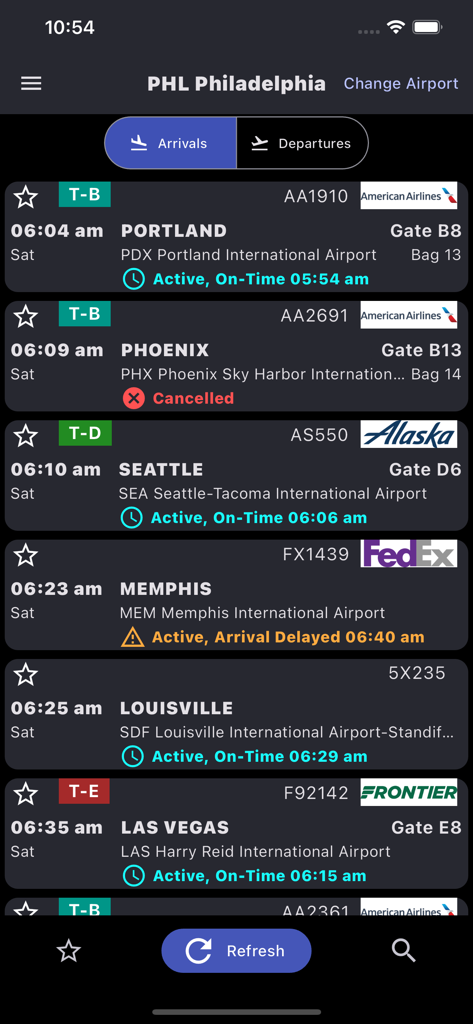 Philadelphia Airport: Flights - App-Oberfläche, die Flugankünfte am Philadelphia International Airport mit Echtzeit-Statusaktualisierungen und Gate-Informationen anzeigt